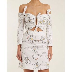 Isa Arfen White Floral Print Tie Knot Front Cutout Mini Dress 3/4 Sleeve Small